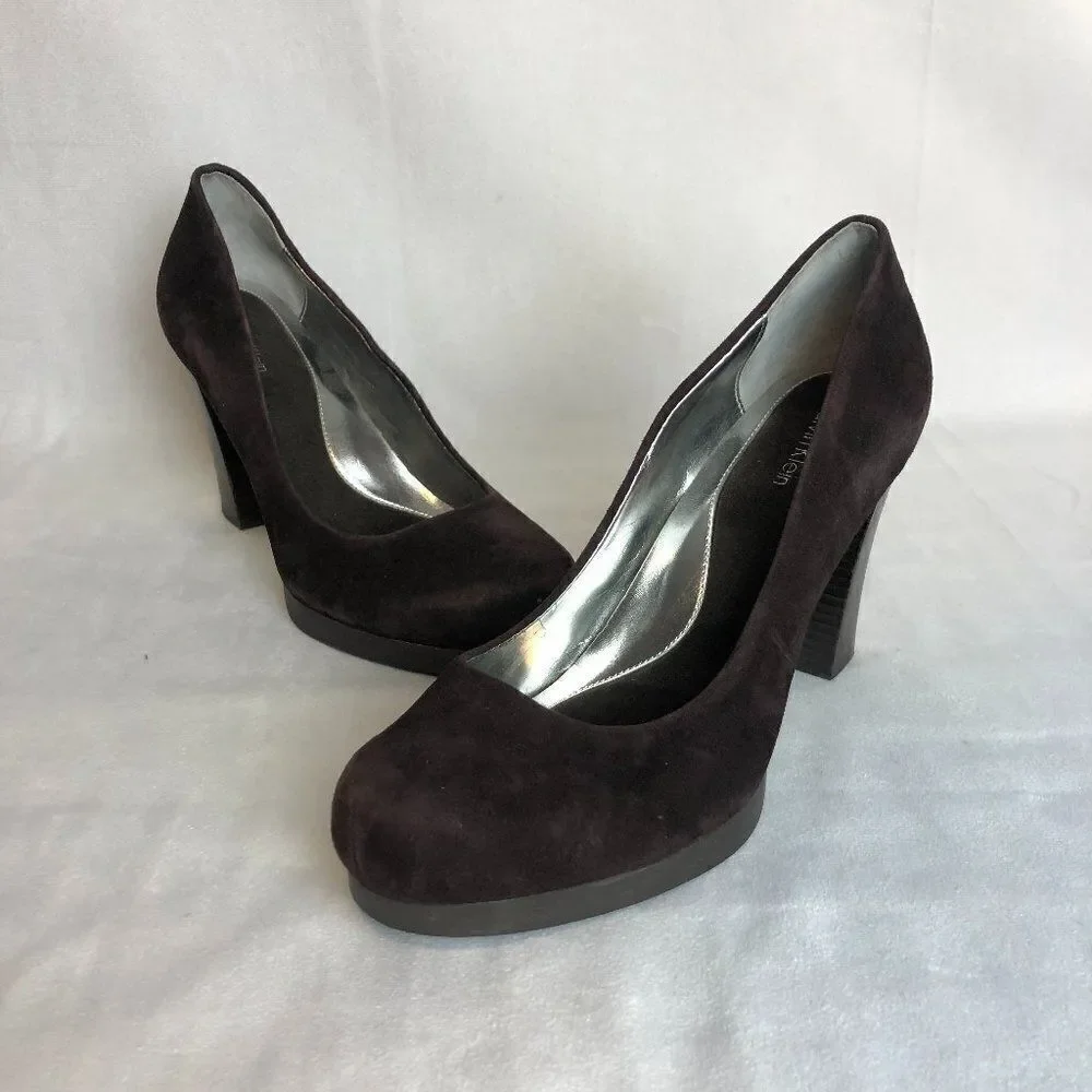 CALVIN KLEIN Womens Fairley Brown Suede Platform Heels Size 8 M.              SC